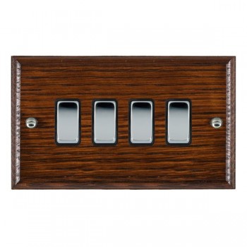 Hamilton Woods Ovolo Antique Mahogany 4 Gang 10AX 2 Way Switch with Bright Chrome Rockers and Black Surround