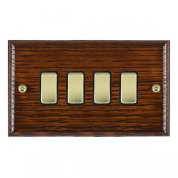 Hamilton Woods Ovolo Antique Mahogany 4 Gang 10AX 2 Way Switch with Polished Brass Rockers and Black Surround