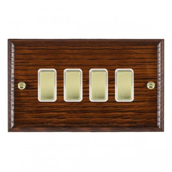 Hamilton Woods Ovolo Antique Mahogany 4 Gang 10AX 2 Way Switch with Polished Brass Rockers and White Surround