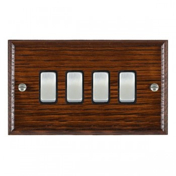 Hamilton Woods Ovolo Antique Mahogany 4 Gang 10AX 2 Way Switch with Satin Chrome Rockers and Black Surround