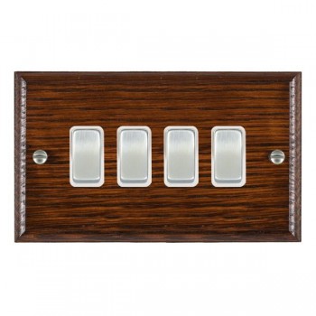 Hamilton Woods Ovolo Antique Mahogany 4 Gang 10AX 2 Way Switch with Satin Chrome Rockers and White Surround