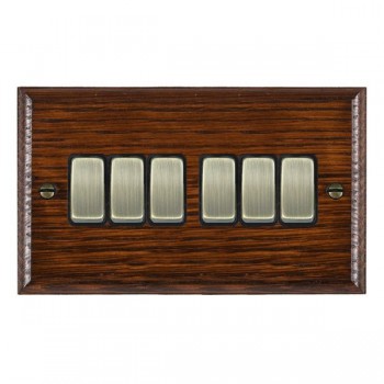 Hamilton Woods Ovolo Antique Mahogany 6 Gang 10AX 2 Way Switch with Antique Brass Rockers and Black Surround
