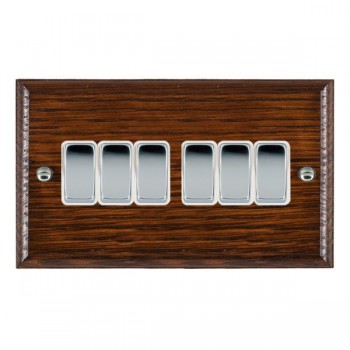 Hamilton Woods Ovolo Antique Mahogany 6 Gang 10AX 2 Way Switch with Bright Chrome Rockers and White Surround