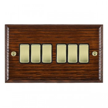 Hamilton Woods Ovolo Antique Mahogany 6 Gang 10AX 2 Way Switch with Polished Brass Rockers and Black Surround