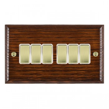 Hamilton Woods Ovolo Antique Mahogany 6 Gang 10AX 2 Way Switch with Polished Brass Rockers and White Surround