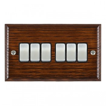 Hamilton Woods Ovolo Antique Mahogany 6 Gang 10AX 2 Way Switch with Satin Chrome Rockers and Black Surround