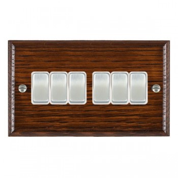 Hamilton Woods Ovolo Antique Mahogany 6 Gang 10AX 2 Way Switch with Satin Chrome Rockers and White Surround