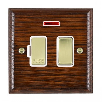 Hamilton Woods Ovolo Antique Mahogany 13A Double Pole Switched Fused Spur and Neon with Polished Brass Insert and White Surround