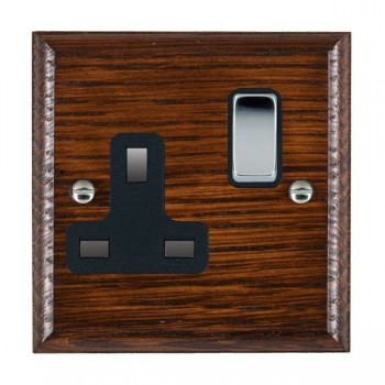 Hamilton Woods Ovolo Antique Mahogany 1 Gang 13A Double Pole Switched Socket with Bright Chrome Rocker and Black Surround