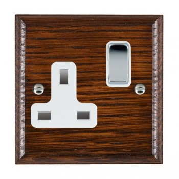 Hamilton Woods Ovolo Antique Mahogany 1 Gang 13A Double Pole Switched Socket with Bright Chrome Rocker and White Surround