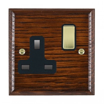 Hamilton Woods Ovolo Antique Mahogany 1 Gang 13A Double Pole Switched Socket with Polished Brass Rocker and Black Surround