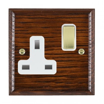 Hamilton Woods Ovolo Antique Mahogany 1 Gang 13A Double Pole Switched Socket with Polished Brass Rocker and White Surround