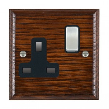 Hamilton Woods Ovolo Antique Mahogany 1 Gang 13A Double Pole Switched Socket with Satin Chrome Rocker and Black Surround