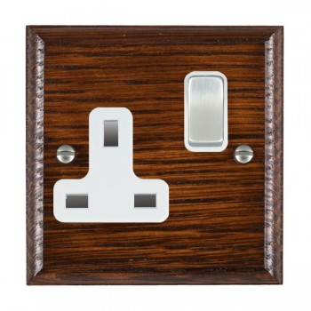 Hamilton Woods Ovolo Antique Mahogany 1 Gang 13A Double Pole Switched Socket with Satin Chrome Rocker and White Surround