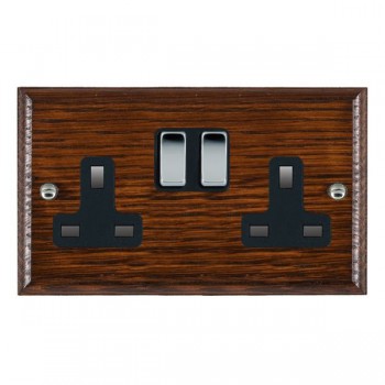 Hamilton Woods Ovolo Antique Mahogany 2 Gang 13A Double Pole Switched Socket with Bright Chrome Rockers and Black Surround
