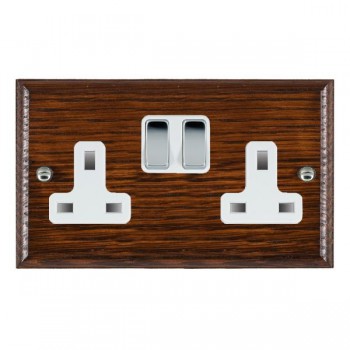 Hamilton Woods Ovolo Antique Mahogany 2 Gang 13A Double Pole Switched Socket with Bright Chrome Rockers and White Surround