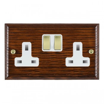 Hamilton Woods Ovolo Antique Mahogany 2 Gang 13A Double Pole Switched Socket with Polished Brass Rockers and White Surround