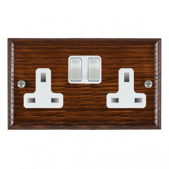 Hamilton Woods Ovolo Antique Mahogany 2 Gang 13A Double Pole Switched Socket with Satin Chrome Rockers and White Surround