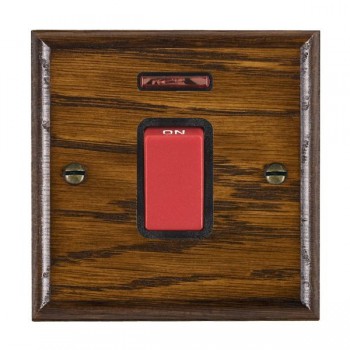 Hamilton Woods Ovolo Dark Oak 45A Double Pole Switch and Neon with Red Rocker and Black Surround