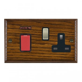 Hamilton Woods Ovolo Dark Oak 45A Double Pole Switch with Red Rocker and Neon plus 13A Switched Socket with Antique Brass Rocker and Black Surround