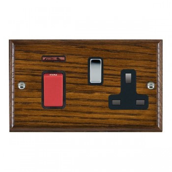 Hamilton Woods Ovolo Dark Oak 45A Double Pole Switch with Red Rocker and Neon plus 13A Switched Socket with Bright Chrome Rocker and Black Surround