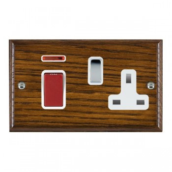 Hamilton Woods Ovolo Dark Oak 45A Double Pole Switch with Red Rocker and Neon plus 13A Switched Socket with Bright Chrome Rocker and White Surround