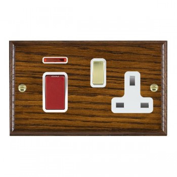 Hamilton Woods Ovolo Dark Oak 45A Double Pole Switch with Red Rocker and Neon plus 13A Switched Socket with Polished Brass Rocker and White Surround