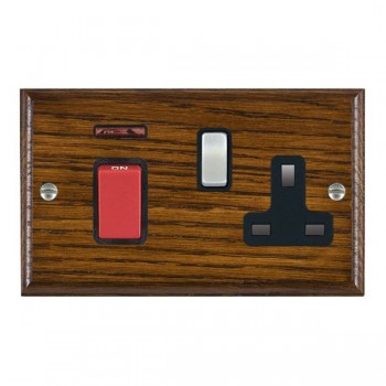 Hamilton Woods Ovolo Dark Oak 45A Double Pole Switch with Red Rocker and Neon plus 13A Switched Socket with Satin Chrome Rocker and Black Surround