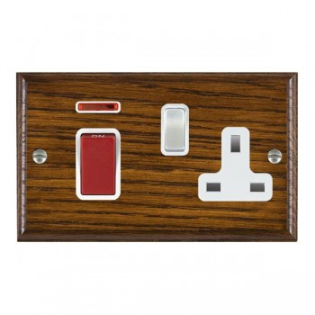 Hamilton Woods Ovolo Dark Oak 45A Double Pole Switch with Red Rocker and Neon plus 13A Switched Socket with Satin Chrome Rocker and White Surround
