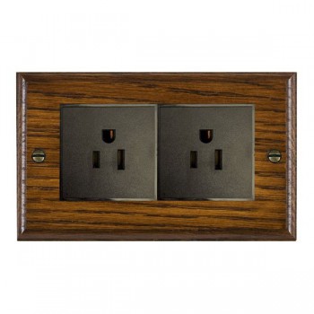 Hamilton Woods Ovolo Dark Oak 2 Gang 15A 110V AC American Unswitched Socket with Black Insert