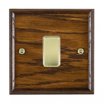 Hamilton Woods Ovolo Dark Oak 1 Gang 10AX 2 Way Switch with Polished Brass Rocker and White Surround