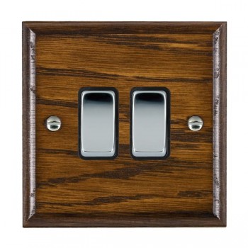 Hamilton Woods Ovolo Dark Oak 2 Gang 10AX 2 Way Switch with Bright Chrome Rockers and Black Surround