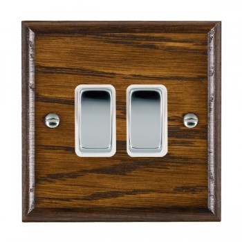 Hamilton Woods Ovolo Dark Oak 2 Gang 10AX 2 Way Switch with Bright Chrome Rockers and White Surround