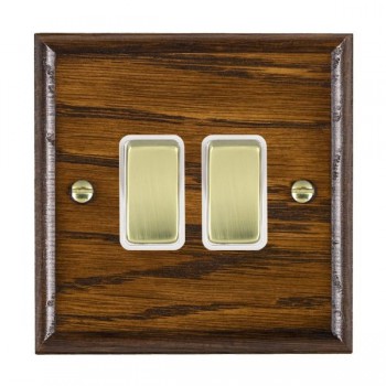 Hamilton Woods Ovolo Dark Oak 2 Gang 10AX 2 Way Switch with Polished Brass Rockers and White Surround