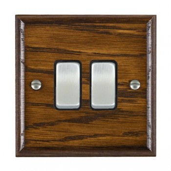 Hamilton Woods Ovolo Dark Oak 2 Gang 10AX 2 Way Switch with Satin Chrome Rockers and Black Surround