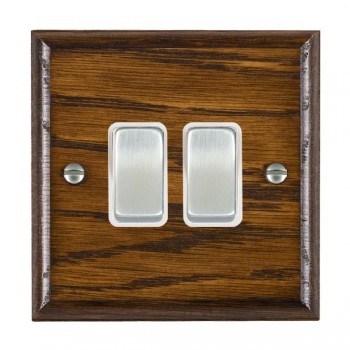 Hamilton Woods Ovolo Dark Oak 2 Gang 10AX 2 Way Switch with Satin Chrome Rockers and White Surround