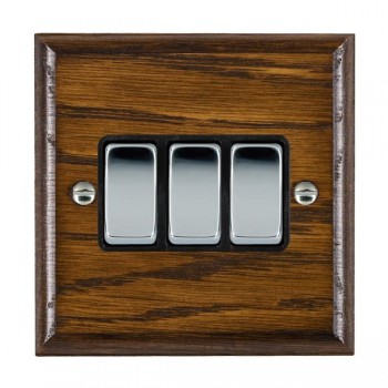 Hamilton Woods Ovolo Dark Oak 3 Gang 10AX 2 Way Switch with Bright Chrome Rockers and Black Surround