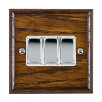 Hamilton Woods Ovolo Dark Oak 3 Gang 10AX 2 Way Switch with Bright Chrome Rockers and White Surround