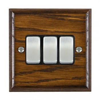 Hamilton Woods Ovolo Dark Oak 3 Gang 10AX 2 Way Switch with Satin Chrome Rockers and Black Surround