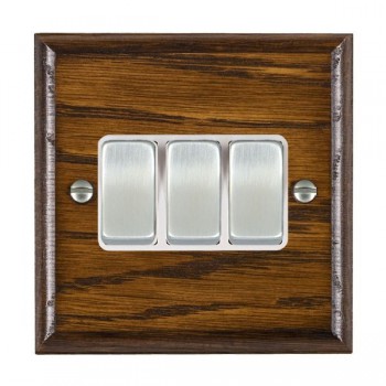 Hamilton Woods Ovolo Dark Oak 3 Gang 10AX 2 Way Switch with Satin Chrome Rockers and White Surround