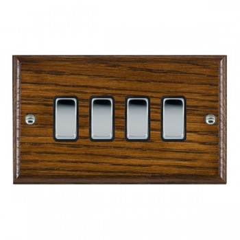 Hamilton Woods Ovolo Dark Oak 4 Gang 10AX 2 Way Switch with Bright Chrome Rockers and Black Surround