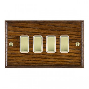 Hamilton Woods Ovolo Dark Oak 4 Gang 10AX 2 Way Switch with Polished Brass Rockers and White Surround