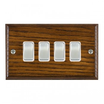 Hamilton Woods Ovolo Dark Oak 4 Gang 10AX 2 Way Switch with Satin Chrome Rockers and White Surround