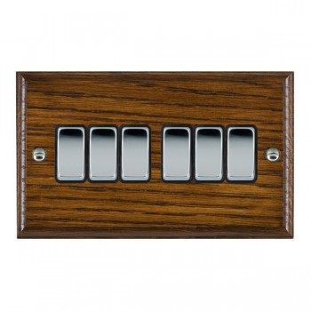 Hamilton Woods Ovolo Dark Oak 6 Gang 10AX 2 Way Switch with Bright Chrome Rockers and Black Surround