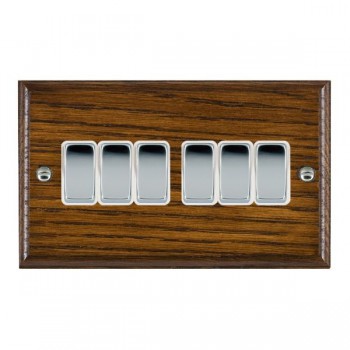 Hamilton Woods Ovolo Dark Oak 6 Gang 10AX 2 Way Switch with Bright Chrome Rockers and White Surround