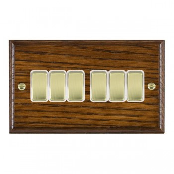 Hamilton Woods Ovolo Dark Oak 6 Gang 10AX 2 Way Switch with Polished Brass Rockers and White Surround