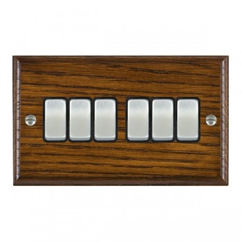 Hamilton Woods Ovolo Dark Oak 6 Gang 10AX 2 Way Switch with Satin Chrome Rockers and Black Surround