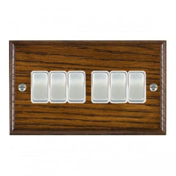 Hamilton Woods Ovolo Dark Oak 6 Gang 10AX 2 Way Switch with Satin Chrome Rockers and White Surround