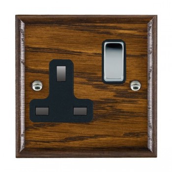 Hamilton Woods Ovolo Dark Oak 1 Gang 13A Double Pole Switched Socket with Bright Chrome Rocker and Black Surround