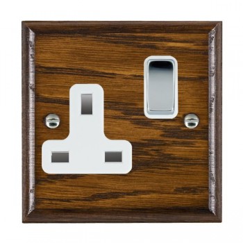 Hamilton Woods Ovolo Dark Oak 1 Gang 13A Double Pole Switched Socket with Bright Chrome Rocker and White Surround